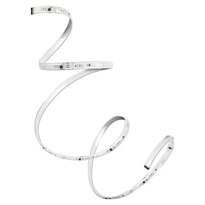 Osram Smart+ LED-Band Flex - Länge: 300 cm, Lichtfarbe: RGB, 15,5 W, 220 V - 240 V - Nahaufnahme eines flexiblen, weißen LED-Streifens, der sich windet und auf einer dunklen Oberfläche Lichtpunkte erzeugt.