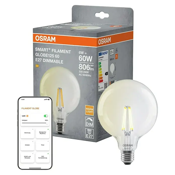Osram Smart+ Smart-LED-Lampe Globe matter - E27, Dimmbar, Warmweiß, 806 lm, 6 W - Produktbild einer intelligenten Osram Filament Globe 125 60 E27 Lampe, die über eine App steuerbar ist.