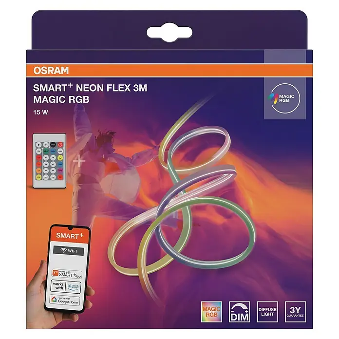 Osram Smart+ LED-Band Flex - Länge: 300 cm, Lichtfarbe: RGB, 15 W, 220 V - 240 V - Verpackung der OSRAM SMART+ Neon Flex 3M Magic RGB Leuchte, steuerbar per App und Fernbedienung, mit 3 Jahren Garantie.