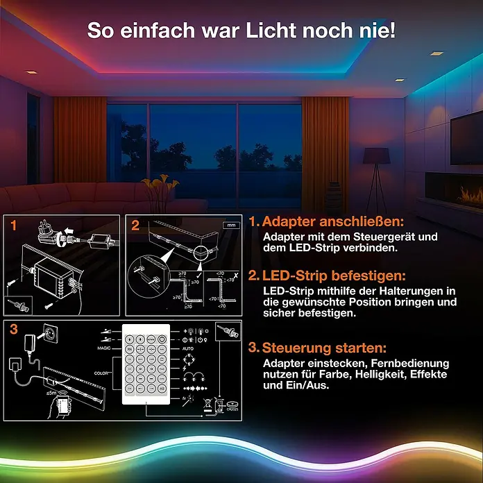 Osram Smart+ LED-Band Flex - Länge: 300 cm, Lichtfarbe: RGBW, 14 W, 1.500 lm, 220 V - 240 V - Anleitung zur Installation eines LED-Strips: Adapter anschließen, LED-Strip befestigen und Steuerung starten für individuelle Lichteffekte.