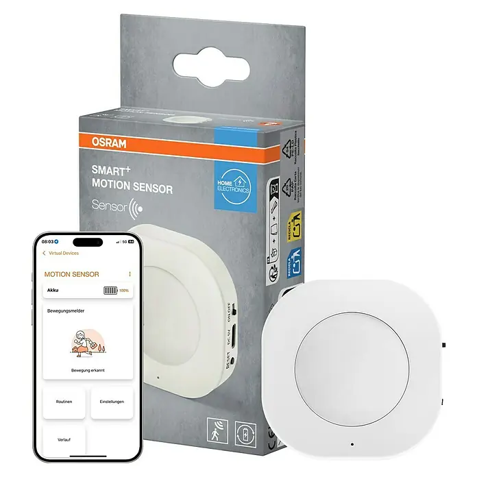 Osram Smart+ Bewegungsmelder - Weiß - Das Bild zeigt einen Osram Smart+ Bewegungssensor mit Verpackung und Smartphone-App zur Steuerung des Sensors.