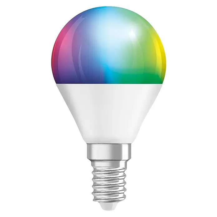 Osram Smart+ Smart-LED-Lampe Tropfen matter - E14, Dimmbar, RGBW, 470 lm, 4,9 W, 3 Stk. - Abbildung einer E14 RGBW LED Lampe. Die Lampe verfügt über einen Lampenkopf mit verschiedenen Farben. Die Lampe ist sehr energieeffizient.