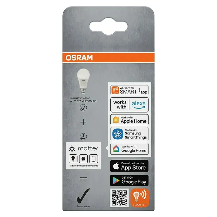 Osram Smart+ Smart-LED-Lampe matter - E27, Dimmbar, RGBW, 1.521 lm, 14 W - Verpackung einer OSRAM SMART+ Classic A 100 E27 Multicolor Lampe, kompatibel mit Smart Home Systemen und Apps wie Alexa oder Google Home.