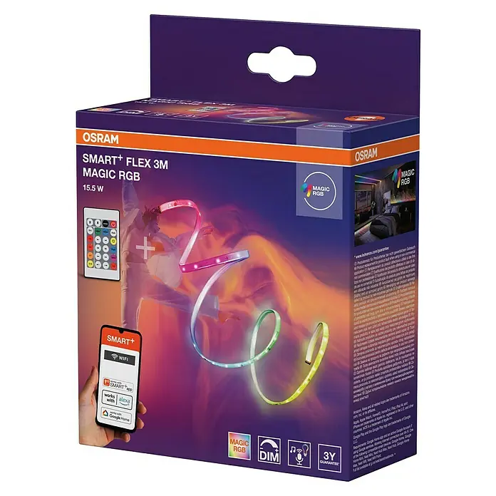 Osram Smart+ LED-Band Flex - Länge: 300 cm, Lichtfarbe: RGB, 15,5 W, 220 V - 240 V - Produktverpackung für Osram Smart+ Flex 3M Magic RGB LED-Streifen. Smarte Beleuchtung für stimmungsvolle Atmosphäre.
