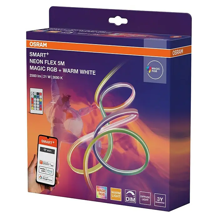 Osram Smart+ LED-Band Flex - Länge: 500 cm, Lichtfarbe: RGBW, 21 W, 2.500 lm, 220 V - 240 V - Verpackung der OSRAM SMART+ Neon Flex 5M, die Magic RGB und warmweißes Licht bietet. Ideal für stimmungsvolle Beleuchtung.