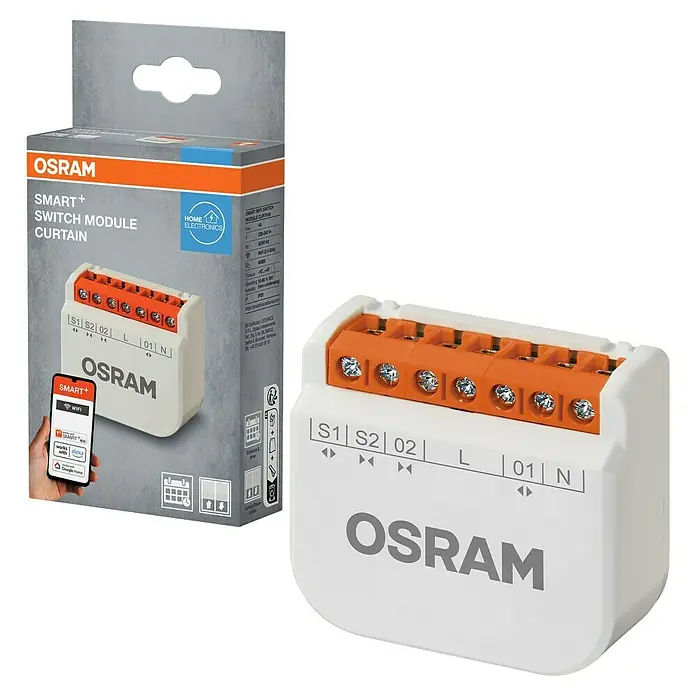Osram Smart+ Schalter Vorhang - Weiß, Innen - Das Bild zeigt ein OSRAM Smart+ Switch Modul Curtain, ein Produkt zur intelligenten Steuerung von Vorhängen im Smart Home.