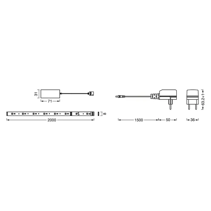 Osram Smart+ LED-Band Flex - Länge: 200 cm, Lichtfarbe: RGBW, 8,5 W, 500 lm, 220 V - 240 V - Eine technische Zeichnung eines LED-Streifens mit Netzteil, die Abmessungen für den Streifen, den Adapter und den Stecker zeigt.