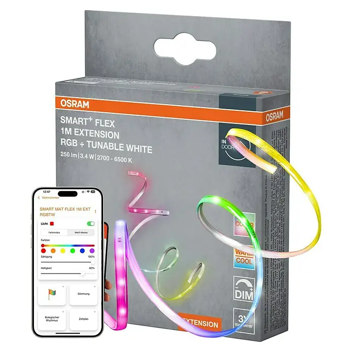 Osram Smart+ LED-Band Flex - Länge: 100 cm, Lichtfarbe: RGBW, 3,4 W, 250 lm, 220 V - 240 V - Produktfoto von OSRAM SMART+ FLEX 1M EXT RGB+ Tunable White Erweiterung mit Smartphone-App zur Steuerung der LED-Lichter.