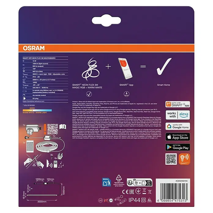 Osram Smart+ LED-Band Flex - Länge: 300 cm, Lichtfarbe: RGBW, 14 W, 1.500 lm, 220 V - 240 V - Verpackungsdesign für OSRAM SMART WIFI NEON FLEX 3M MGCRGB830RC mit Produktdetails und Logos für Smart Home Integration.