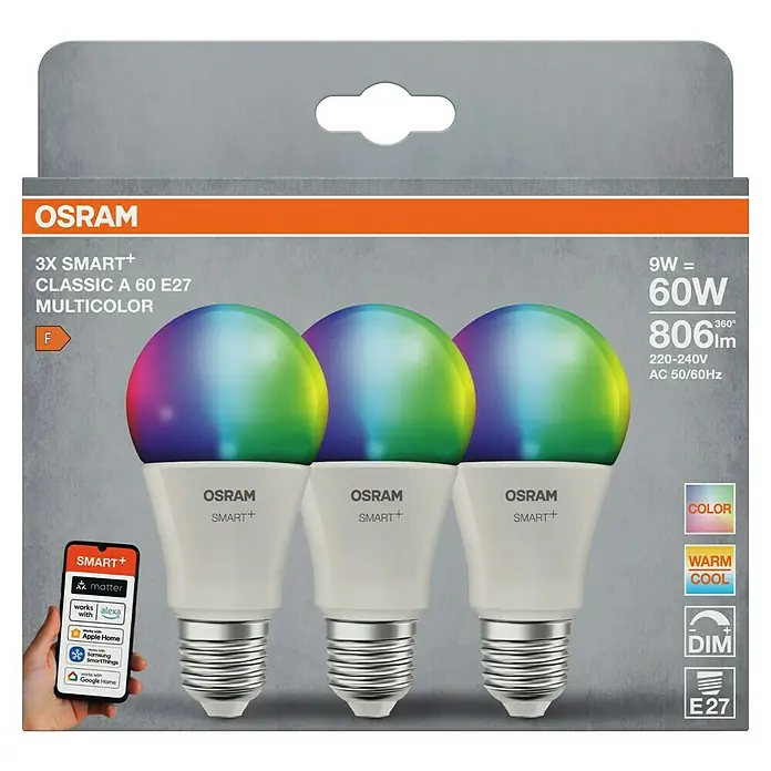 Osram Smart+ Smart-LED-Lampe matter - E27, Dimmbar, RGBW, 806 lm, 9 W, 3 Stk. - Abbildung einer OSRAM 3X SMART+ CLASSIC A 60 E27 Multicolor LED-Lampe. Sie bietet intelligentes Licht mit Farbwechselfunktion und ist dimmbar.