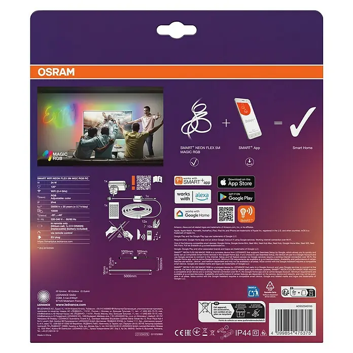 Osram Smart+ LED-Band Flex - Länge: 500 cm, Lichtfarbe: RGB, 24 W, 220 V - 240 V - Produktverpackung für OSRAM SMART+ Neon Flex 5M MAGIC RGB LED-Streifen, steuerbar per App und Sprachassistent.