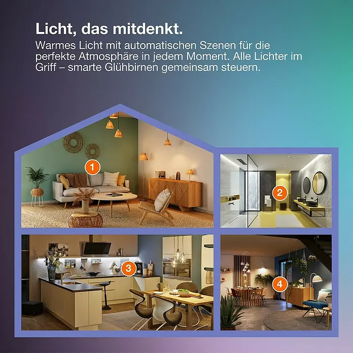 Osram Smart+ Smart-LED-Lampe Edison matter - E27, Dimmbar, Warmweiß, 680 lm, 6 W - Das Bild zeigt vier Innenräume, die mit smarten Glühbirnen beleuchtet werden und eine perfekte Atmosphäre schaffen.