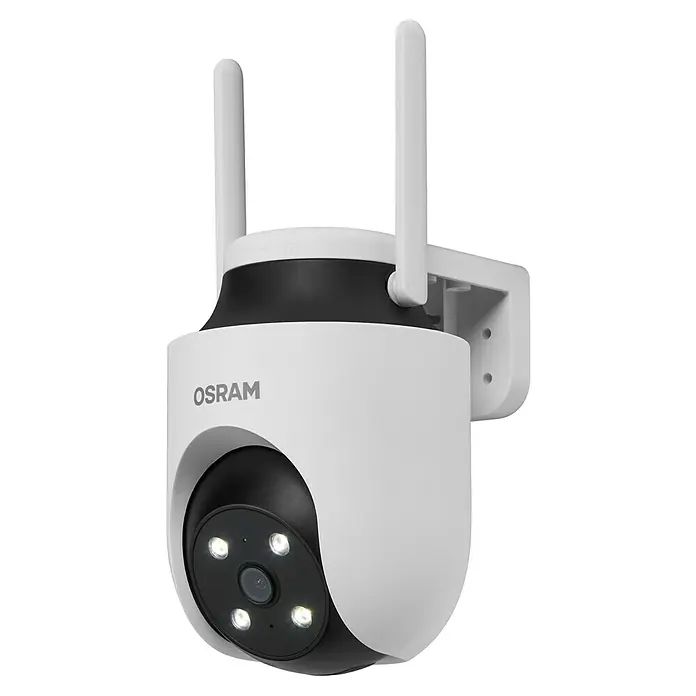 Osram Smart+ Überwachungskamera Outdoor 360 - Passend für: Alarmsystem, Smart Home System - Bild einer Osram-Überwachungskamera in Weiß mit Antennen und Infrarotsensoren zur Überwachung.