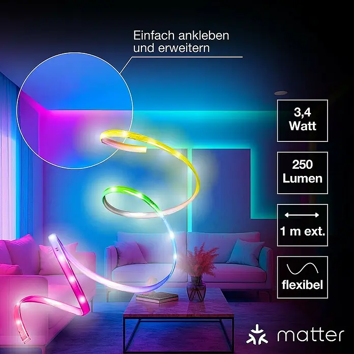 Osram Smart+ LED-Band Flex - Länge: 100 cm, Lichtfarbe: RGBW, 3,4 W, 250 lm, 220 V - 240 V - Das Bild zeigt ein LED-Band von Matter, das sich einfach ankleben und erweitern lässt, um eine stimmungsvolle Beleuchtung zu erzeugen.