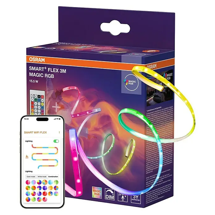 Ledvance LED-Stripes Smart WiFi Magic RGB Flex - Länge: 5 m, Lichtfarbe: RGB, 24 W - Osram Smart+ Flex 3M Magic RGB LED-Streifen in der Produktverpackung mit Smartphone-App zur Steuerung der Beleuchtung.