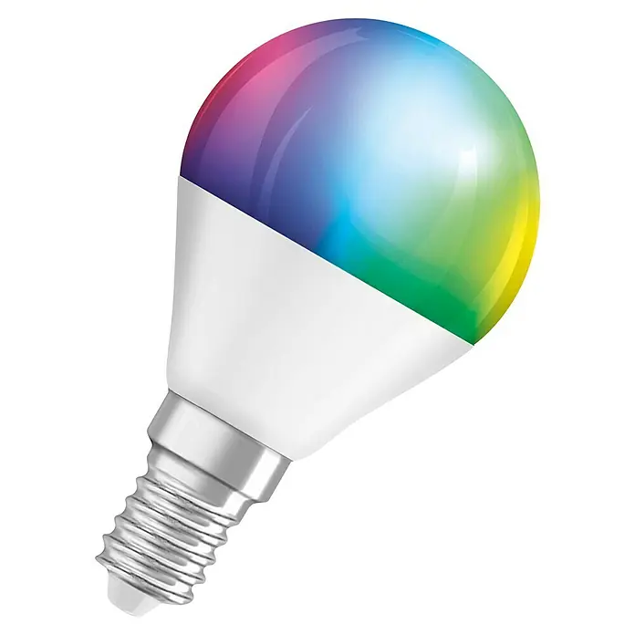Osram Smart+ Smart-LED-Lampe Tropfen matter - E14, Dimmbar, RGBW, 470 lm, 4,9 W, 3 Stk. - Nahaufnahme einer farbenfrohen LED-Lampe mit E14-Sockel, die ein sanftes, mehrfarbiges Licht ausstrahlt und Energieeffizienz bietet.