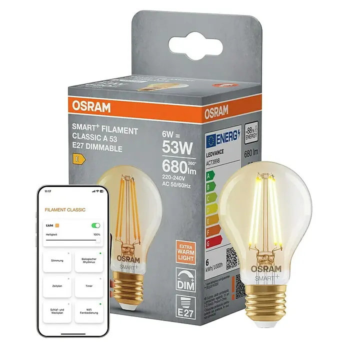 Osram Smart+ Smart-LED-Lampe Birne matter - E27, Dimmbar, Warmweiß, 680 lm, 6 W - Intelligente Osram Smart+ Filament Classic A 53 E27 dimmbare LED-Lampe mit App-Steuerung für ein angenehmes Ambiente.
