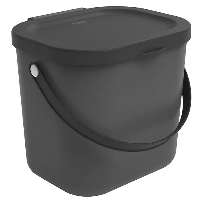 Rotho Albula Mülltrennsystem - 6 l, Kunststoff, Anthrazit - Hier ist ein grauer Küchenabfalleimer mit Deckel und Griff, ideal zum Sammeln von Bioabfällen in der Küche.