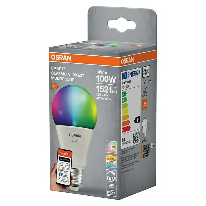 Osram Smart+ Smart-LED-Lampe matter - E27, Dimmbar, RGBW, 1.521 lm, 14 W - Produktverpackung für OSRAM SMART+ Multicolor Lampe, 14W entspricht 100W, E27 Sockel, mit Energieeffizienzklasse F.