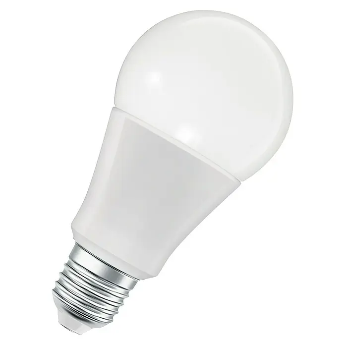 Osram Smart+ Smart-LED-Lampe matter - E27, Dimmbar, RGBW, 1.521 lm, 14 W - Nahaufnahme einer LED-Glühbirne mit silberfarbenem Sockel und mattweißer Oberfläche, die effiziente und langlebige Beleuchtung bietet.