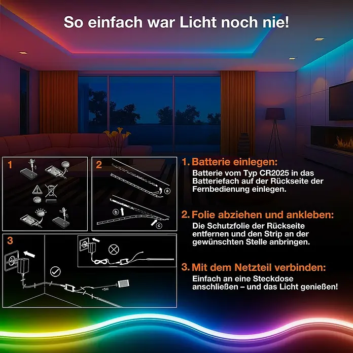 Osram Smart+ LED-Band Flex - Länge: 300 cm, Lichtfarbe: RGB, 15,5 W, 220 V - 240 V - So einfach war Licht noch nie! Das Bild zeigt eine Anleitung zur Installation einer LED-Leiste mit einfachen Schritten.