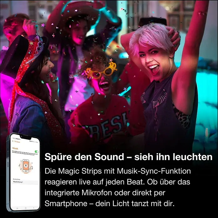Osram Smart+ LED-Band Flex - Länge: 300 cm, Lichtfarbe: RGBW, 14 W, 1.500 lm, 220 V - 240 V - Eine Gruppe von Menschen feiert mit den Magic Strips, die Musik-Sync-Funktion haben, und einem Smartphone.