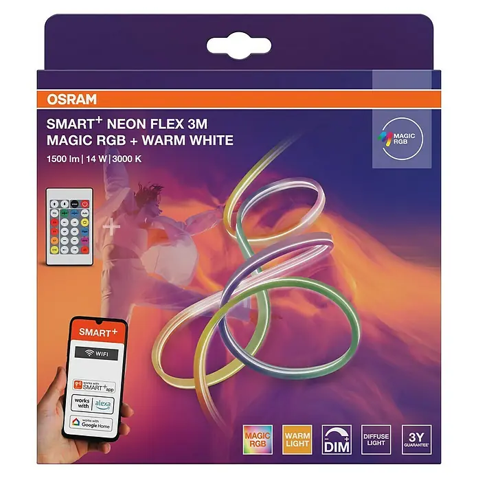 Osram Smart+ LED-Band Flex - Länge: 300 cm, Lichtfarbe: RGBW, 14 W, 1.500 lm, 220 V - 240 V - Abbildung der Osram SMART+ Neon Flex 3M, ein farbwechselndes, dimmbares LED-Lichtband für den Innenbereich, mit App- und Sprachsteuerung.