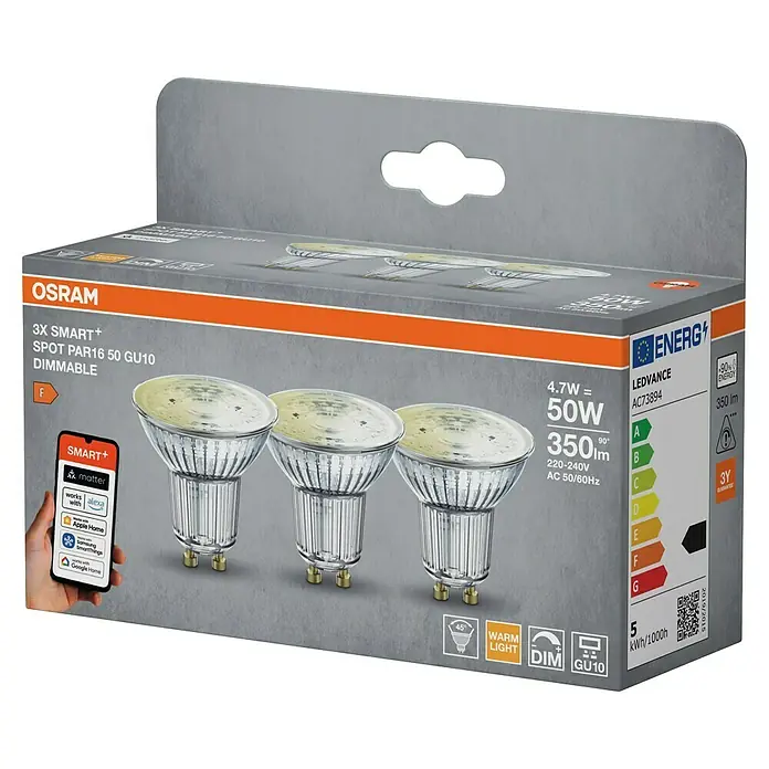 Osram Smart+ Smart-LED-Lampe matter - GU10, Dimmbar, Warmweiß, 350 lm, 4,7 W, 3 Stk. - Eine Packung Osram 3x SMART+ PAR16 GU10 LED-Lampen, dimmbar, mit Smart Home Integration.
