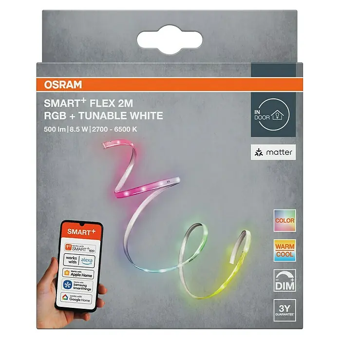 Osram Smart+ LED-Band Flex - Länge: 200 cm, Lichtfarbe: RGBW, 8,5 W, 500 lm, 220 V - 240 V - Verpackung der OSRAM SMART+ Flex 2M RGB LED-Leiste mit einstellbarem Weißton und Smartphone-Steuerung für den Innenbereich.