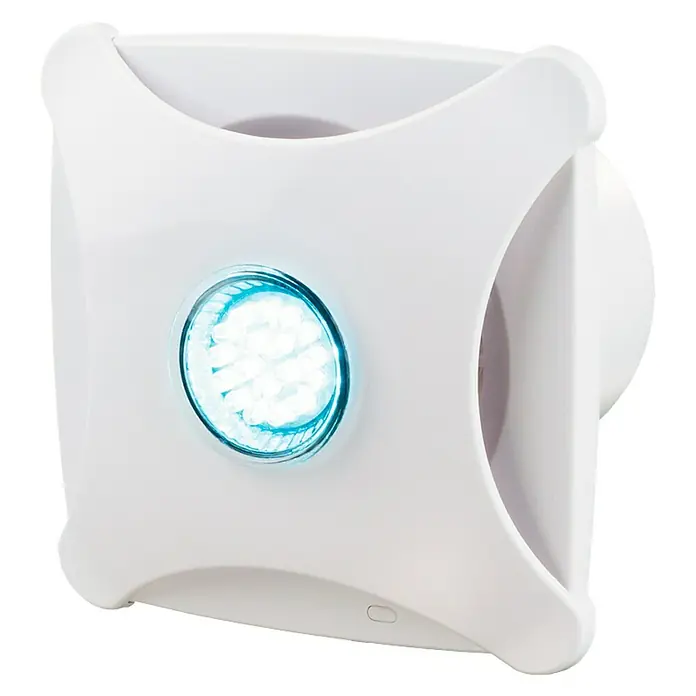Ventilador de pared de baño 100 X-Star Led - Blanco, 10 cm - Ventilador de baño blanco en forma de cubo con iluminación LED integrada para un ambiente mejorado y una ventilación eficiente.
