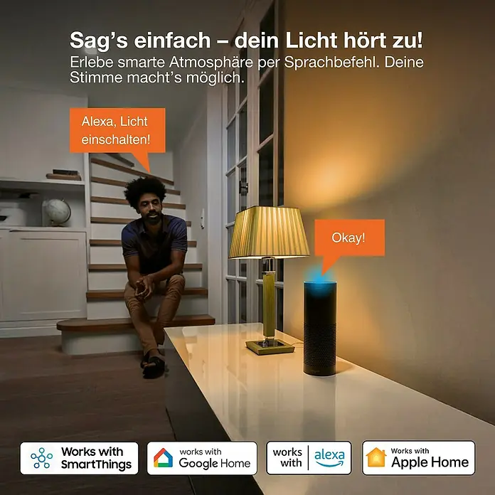 Osram Smart+ Smart-LED-Lampe Edison matter - E27, Dimmbar, Warmweiß, 680 lm, 6 W - Intelligente Beleuchtung: Ein Mann steuert per Sprachbefehl eine Lampe mit einem smarten Lautsprecher, der mit SmartThings, Google, Alexa und Apple Home kompatibel ist.