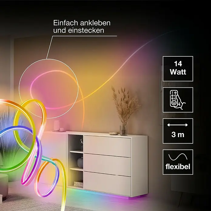 Osram Smart+ LED-Band Flex - Länge: 300 cm, Lichtfarbe: RGBW, 14 W, 1.500 lm, 220 V - 240 V - Bunte LED-Lichterkette für den Innenbereich, einfach anzubringen und einzustecken. Das Lichtband ist 3m lang und flexibel.