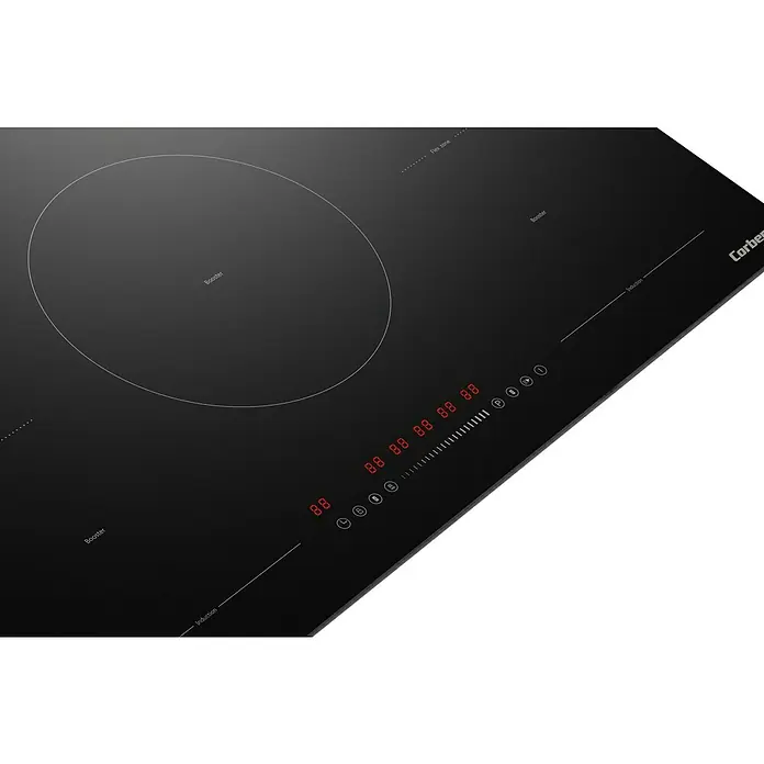 Corberó Placa de cocción CCIG5F800FZ - Número de fogones de inducción: 5 ud., 7.360 W - Primer plano de una placa de inducción negra Corber con panel de control táctil y varias zonas de cocción.