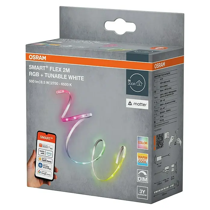 Osram Smart+ LED-Band Flex - Länge: 200 cm, Lichtfarbe: RGBW, 8,5 W, 500 lm, 220 V - 240 V - Abbildung der Osram Smart+ Flex 2M LED-Leuchtstreifenverpackung. RGB, einstellbares Weiß, 500 lm, 8,5 W, 2700-6500 K, für den Innenbereich.