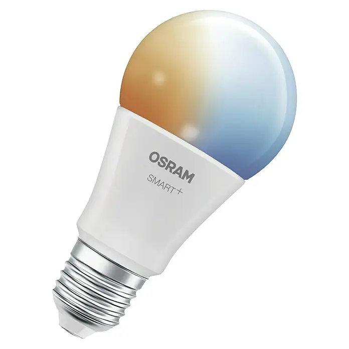 Osram Smart+ Smart-LED-Lampe matter - E27, Dimmbar, Mehrfarbig, 1.055 lm, 9,5 W - Abbildung einer smarten LED-Lampe von Osram, die sich ideal für die Beleuchtung von Wohnräumen eignet und mit verschiedenen Farben eingestellt werden kann.