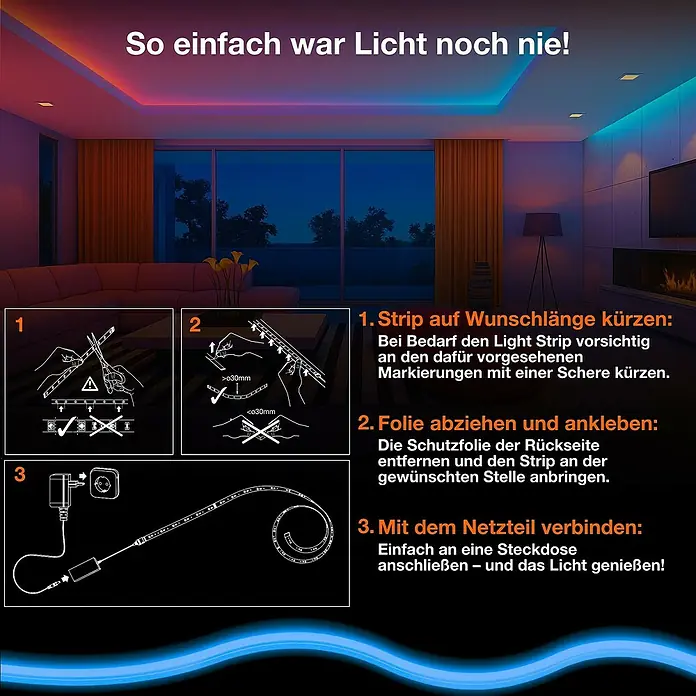 Osram Smart+ LED-Band Flex - Länge: 200 cm, Lichtfarbe: RGBW, 8,5 W, 500 lm, 220 V - 240 V - Anleitung zur Installation von LED-Lichtstreifen, inklusive Kürzen, Anbringen und Verbinden mit dem Netzteil für einfache Beleuchtung.