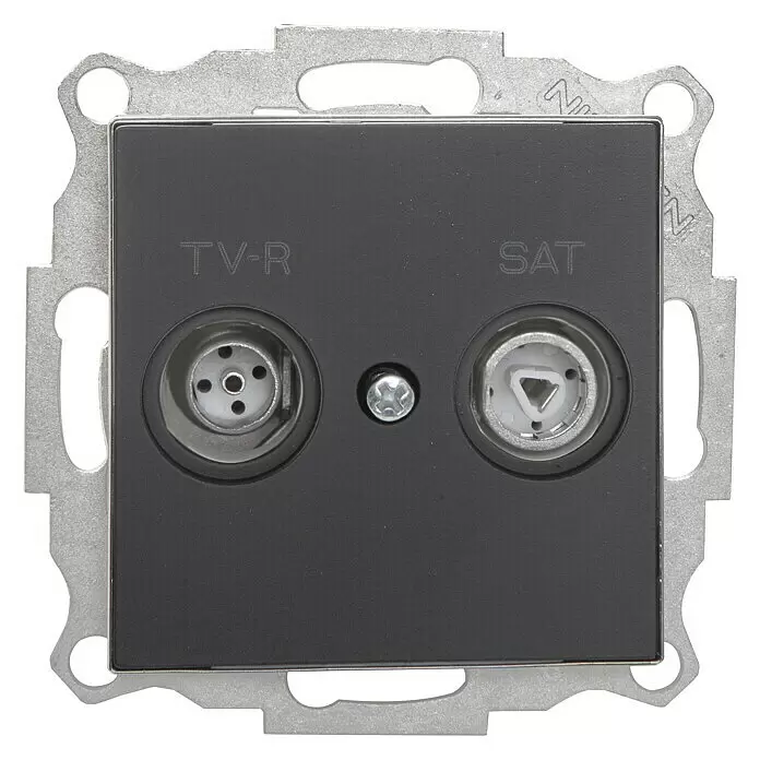 Niessen Sky Toma TV intermedia - Negro, Plástico - Toma de antena TV y SAT gris oscuro con marco de montaje metálico plateado para instalación en pared.