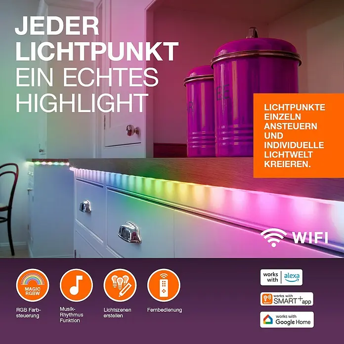 Osram Smart+ LED-Band Flex - Länge: 300 cm, Lichtfarbe: RGB, 15 W, 220 V - 240 V - Bild einer LED-Lichtleiste, die unter einem Schrank angebracht ist und verschiedene Farben anzeigen kann.