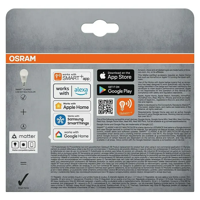 Osram Smart+ Smart-LED-Lampe matter - E27, Dimmbar, RGBW, 806 lm, 9 W, 3 Stk. - Bild einer OSRAM Smart+ Classic A 60 E27 Multicolor Lampe, die mit Matter-Systemen kompatibel ist.