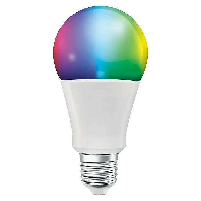 Osram Smart+ Smart-LED-Lampe matter - E27, Dimmbar, RGBW, 1.521 lm, 14 W - Buntes LED-Leuchtmittel. Die smarte LED-Lampe ist mit verschiedenen Farben beleuchtet und hat einen weißen Sockel mit Gewinde.