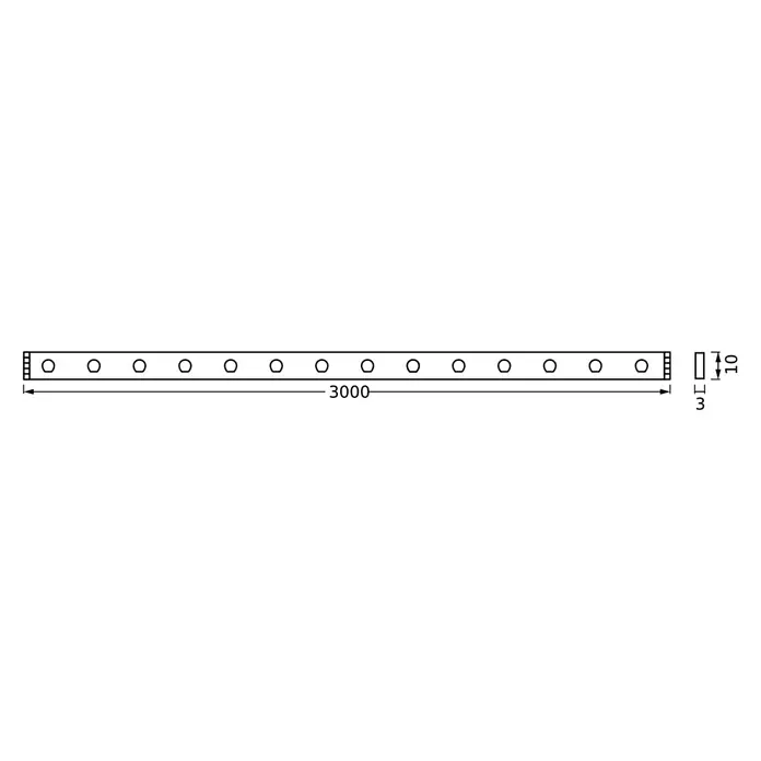 Osram Smart+ LED-Band Flex - Länge: 300 cm, Lichtfarbe: RGB, 15,5 W, 220 V - 240 V - Abbildung eines Metallstreifens mit Löchern und Bemaßungen. Der Streifen ist 3000 mm lang und 10 mm hoch.