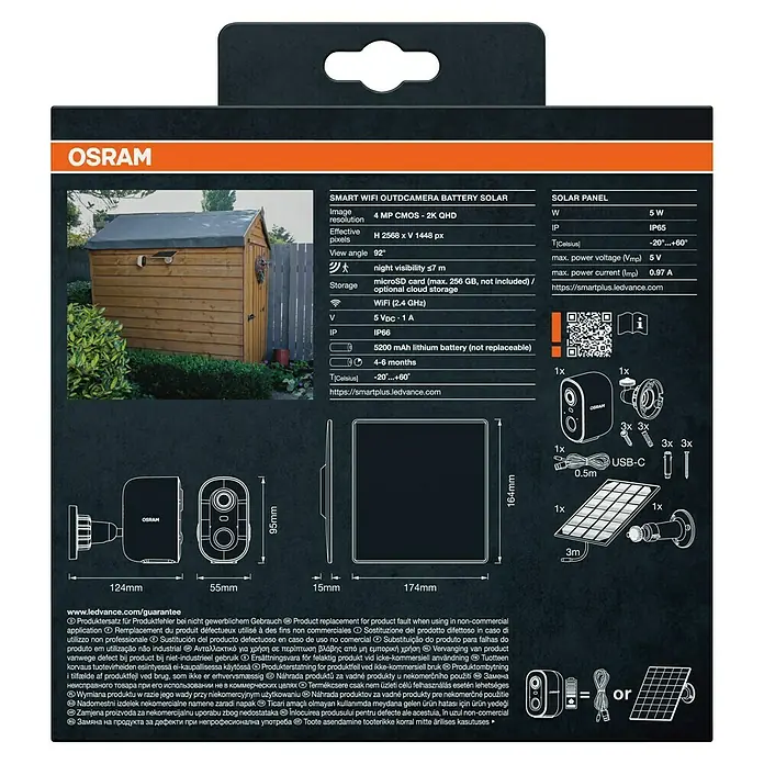 Osram Smart+ Überwachungskamera Battery Solar - Weiß - Osram Smart WiFi Outdcamera mit Akku und Solarpanel: 4 MP CMOS, 2K QHD, Nachtsicht, microSD-Slot, WiFi, IP66 und 5200 mAh Akku.