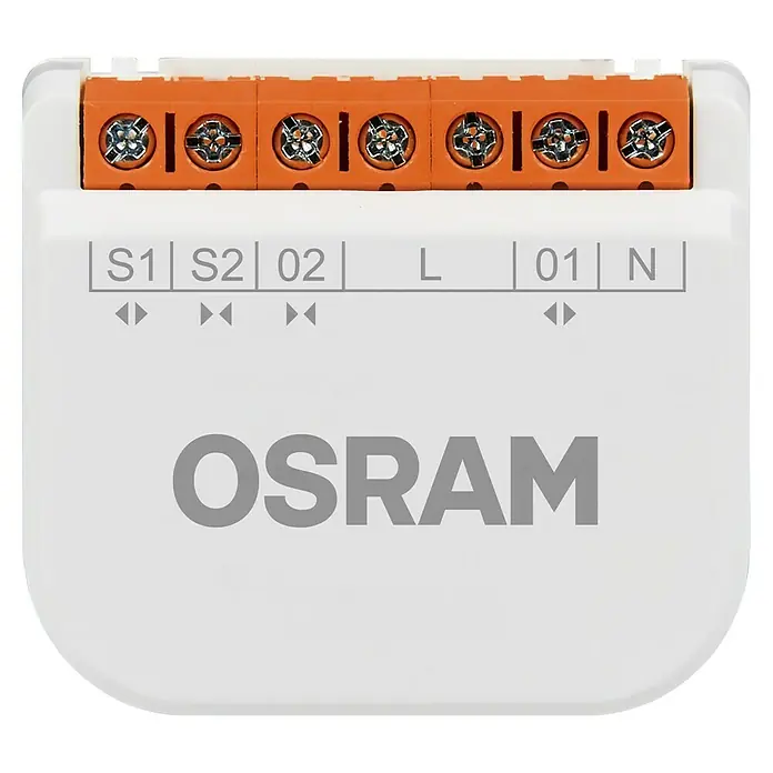 Osram Smart+ Schalter Vorhang - Weiß, Innen - Nahaufnahme des Osram Smart+ Schalters mit orangefarbenen Klemmen und Beschriftungen für einfache Installation und Konfiguration.