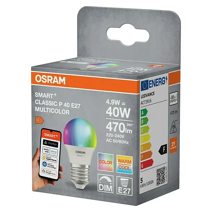 Osram Smart+ Smart-LED-Lampe matter - E27, Dimmbar, RGBW, 470 lm, 4,9 W - Osram Smart+ Classic P 40 E27 Multicolor LED-Lampe in der Verpackung. Intelligente, farbige Glühbirne mit E27-Sockel.