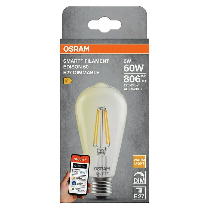 Osram Smart+ Pametna LED sijalka Edison matter  (E27, Možnost zatemnitve, Toplo bela, 806 lm, 6 W) | LED luči | Svetlila | Elektro in svetila | Izdelki | BAUHAUS