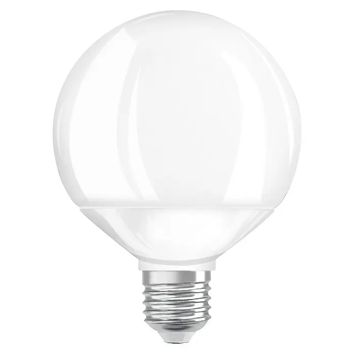 Osram Smart+ Smart-LED-Lampe matter - E27, Dimmbar, Mehrfarbig, 1.521 lm, 14 W - Nahaufnahme einer kugelförmigen LED-Lampe mit einem Metallsockel, die eine effiziente und stilvolle Beleuchtungslösung bietet.