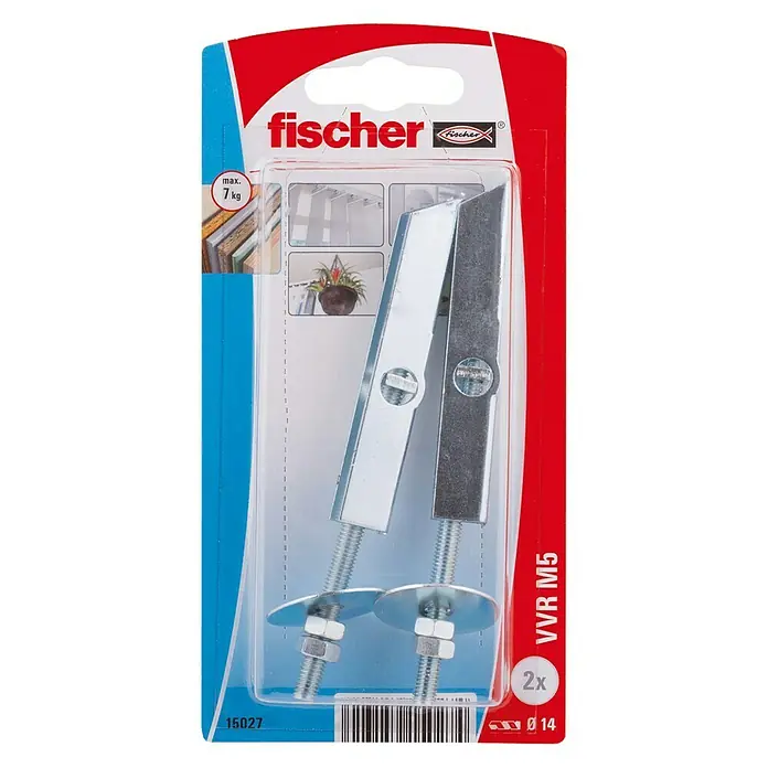 Fischer Taco basculante VVR M5 - Diámetro taco: 14 mm, Longitud taco: 100 mm, 2 ud. - La imagen muestra un paquete de tacos basculantes Fischer VWR M5, ideales para fijaciones seguras en la pared. El set incluye 2 tacos y soporta cargas de hasta 7 kg.