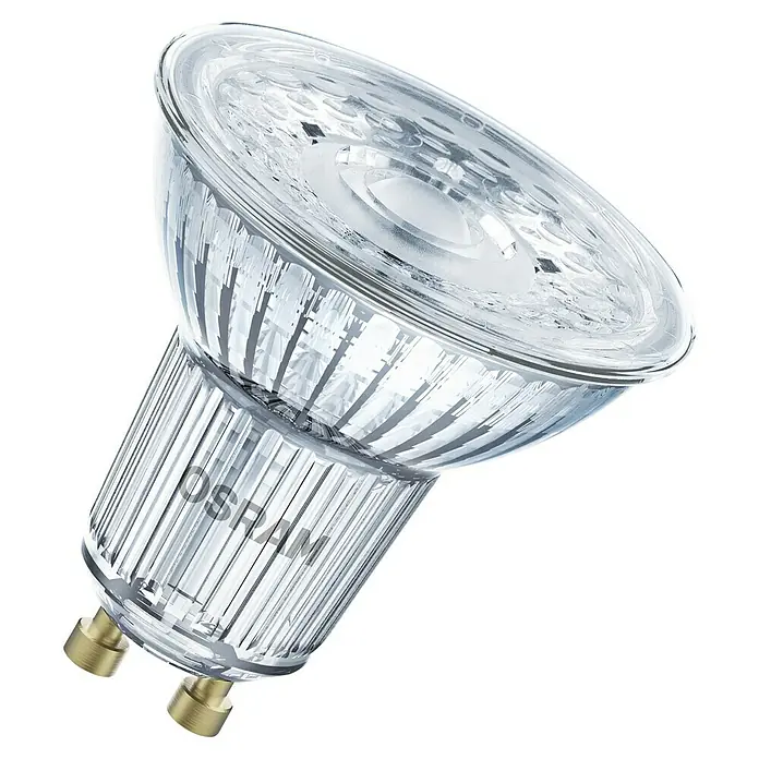 Osram Smart+ Smart-LED-Lampe matter - GU10, Dimmbar, Warmweiß, 350 lm, 4,7 W, 3 Stk. - Nahaufnahme einer Osram MR16 Halogenlampe mit klarem Glasgehäuse und zwei Stiftkontakten. Ideal für Akzentbeleuchtung.