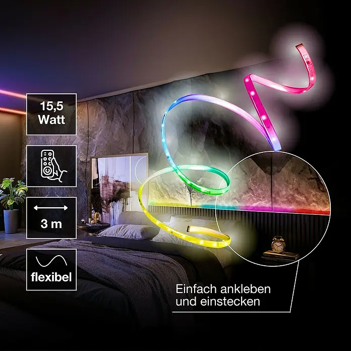 Osram Smart+ LED-Band Flex - Länge: 300 cm, Lichtfarbe: RGB, 15,5 W, 220 V - 240 V - LED-Streifen im Schlafzimmer, der verschiedene Farben zeigt. Er ist flexibel, einfach anzubringen und wird mit einer Fernbedienung geliefert.