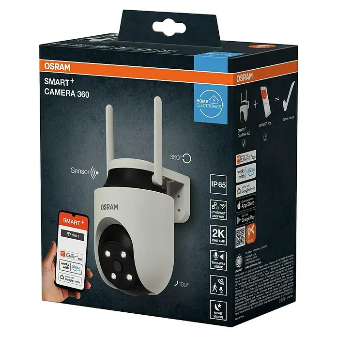 Osram Smart+ Überwachungskamera Outdoor 360 - Passend für: Alarmsystem, Smart Home System - Abbildung der Verpackung einer Osram Smart+ Camera 360, die eine hochwertige Überwachung mit intelligenter Konnektivität bietet.